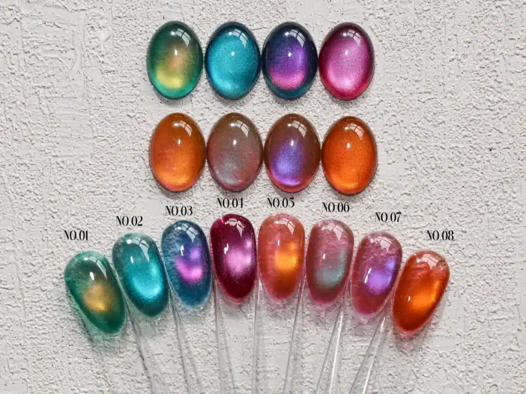 JTING Glass Aurora Cat Eye color swatches numbers 01 to 08 exhibiting sharp defined wide light bars and velvet shading textures