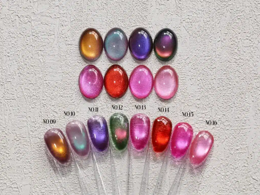 JTING Glass Aurora Cat Eye color swatches numbers 09 to 16 demonstrating high suspension resistance with zero post-alignment drift