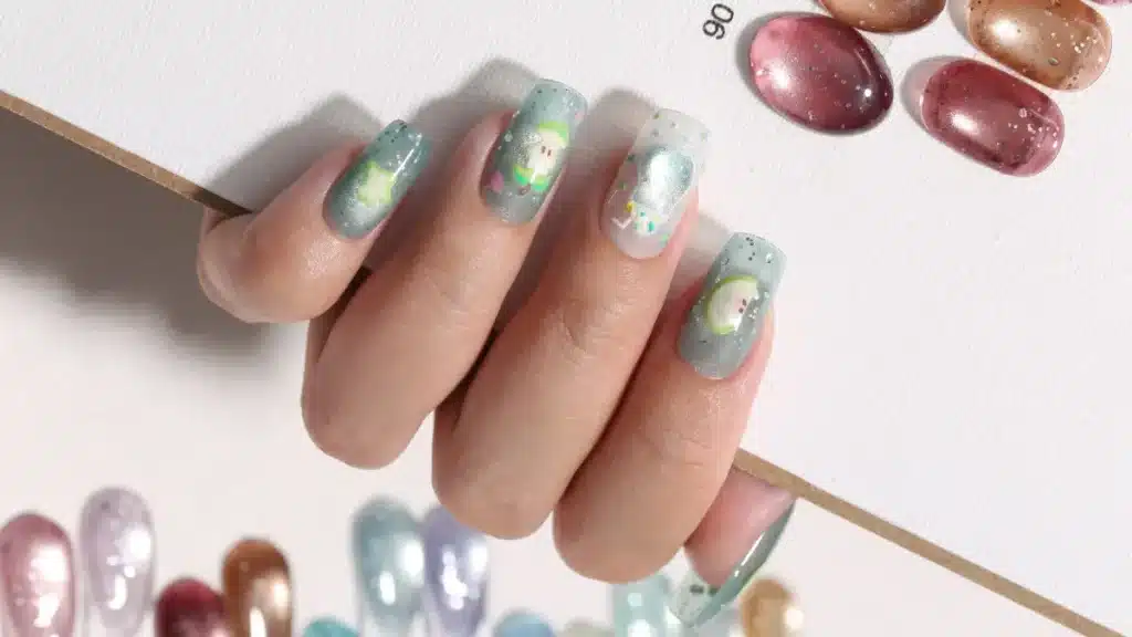 Real client hand model showcasing smartphone photography of green apple themed seasonal salon nail art with a bubble cat eye base