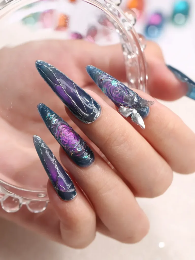 Advanced avant-garde stiletto nail art utilizing the sandwich overlay scheme with dark bases and dynamic purple aurora shimmer