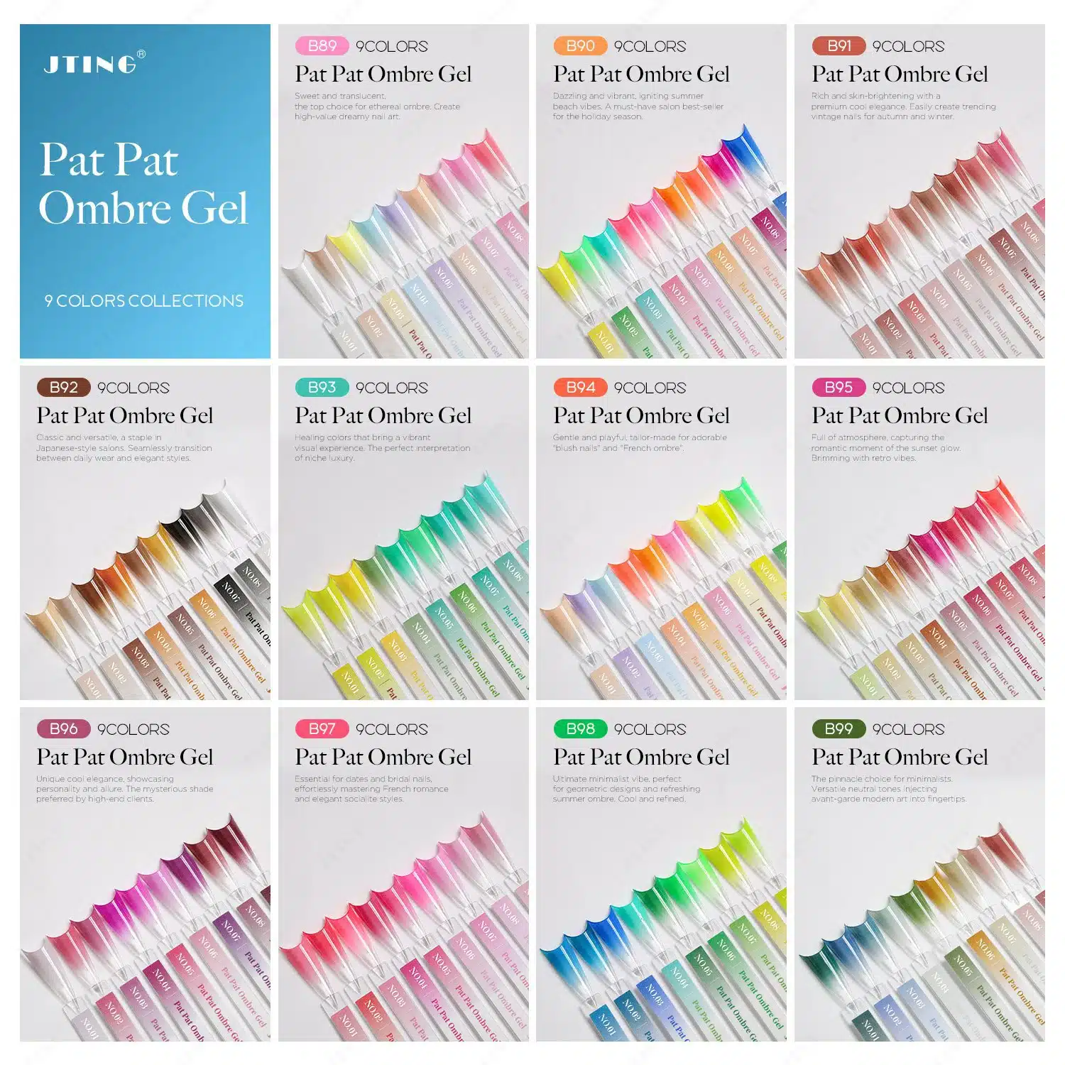 JTING 99-color Pat Pat Gel collection organized into 11 salon palettes