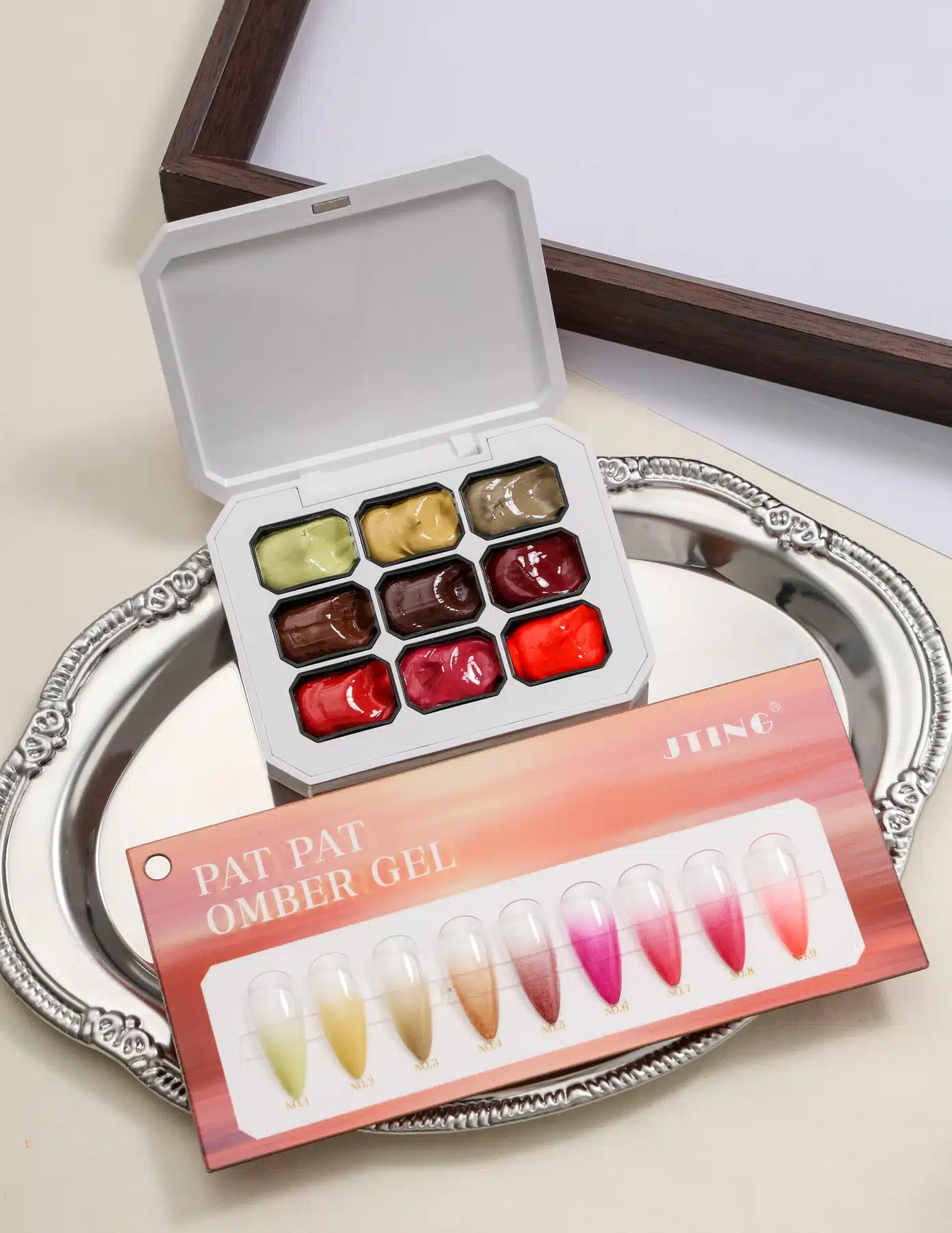 B95 warm Pat Pat Gel palette with sunset ombre nail samples