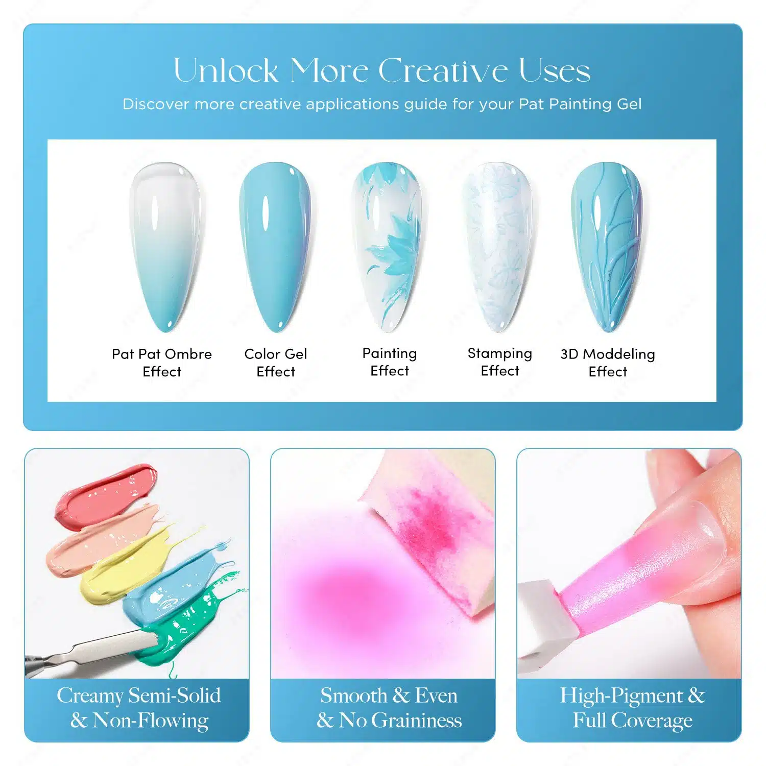 Pat Pat Gel used for ombre, full color, painting, stamping and 3D nail art