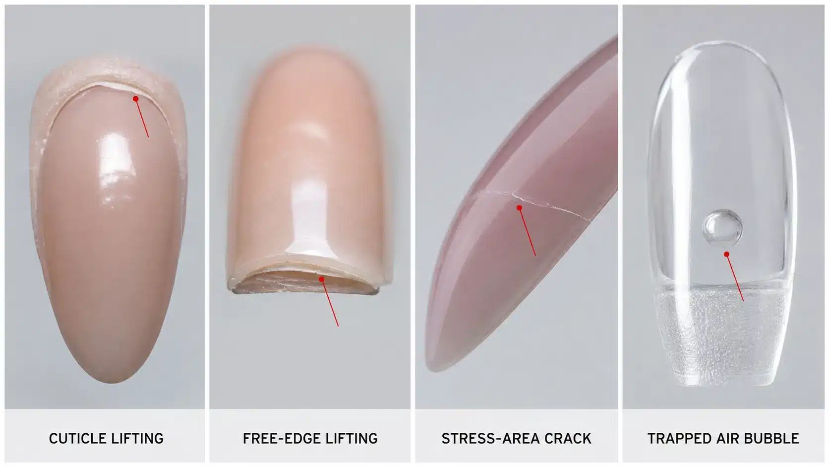 Diagnostic comparison of cuticle lifting, free-edge lifting, stress-area cracking and a trapped air bubble