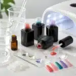 Gel nail polish ingredients, color swatches, and a UV LED curing lamp