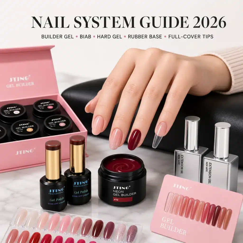 JTING Nail System Guide 2026 comparing builder gel, BIAB, hard gel, rubber base and full-cover soft gel tips