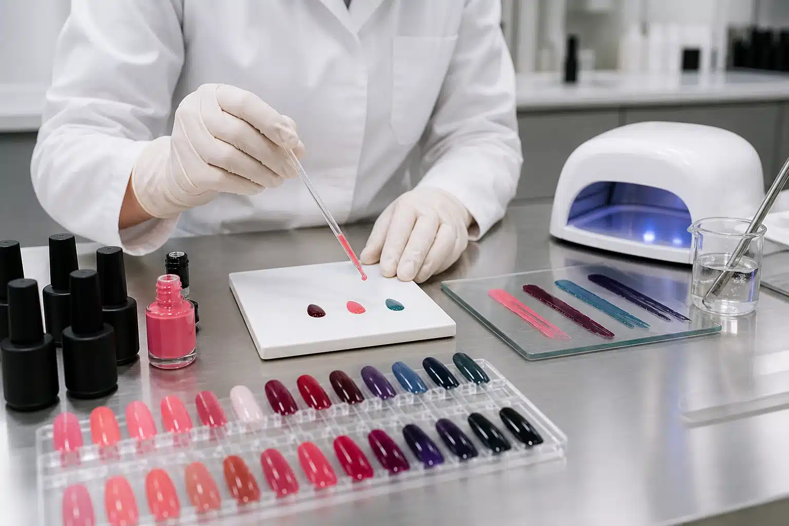 Gel nail polish formula testing with color swatches and a UV LED curing lamp