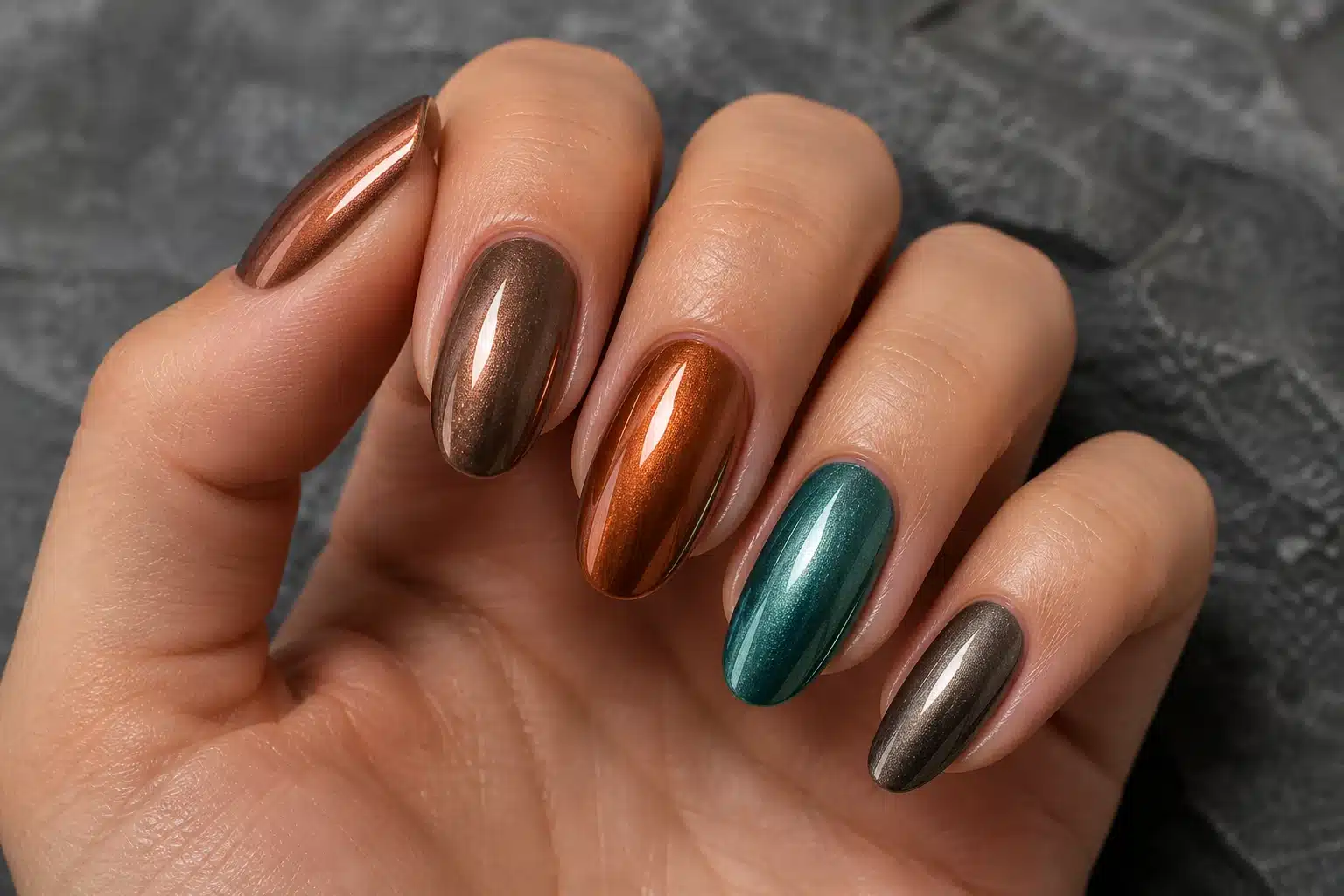 JTING bronze copper gunmetal and teal mixed metallic gel nail polish shown on a hand