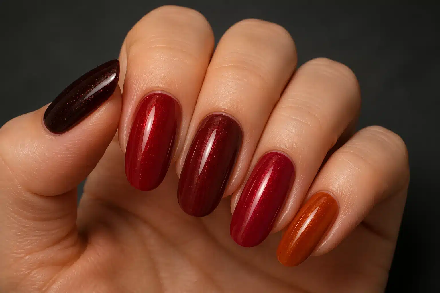 JTING A08 reflective wine chocolate oxblood and red gel nail polish shown on a hand