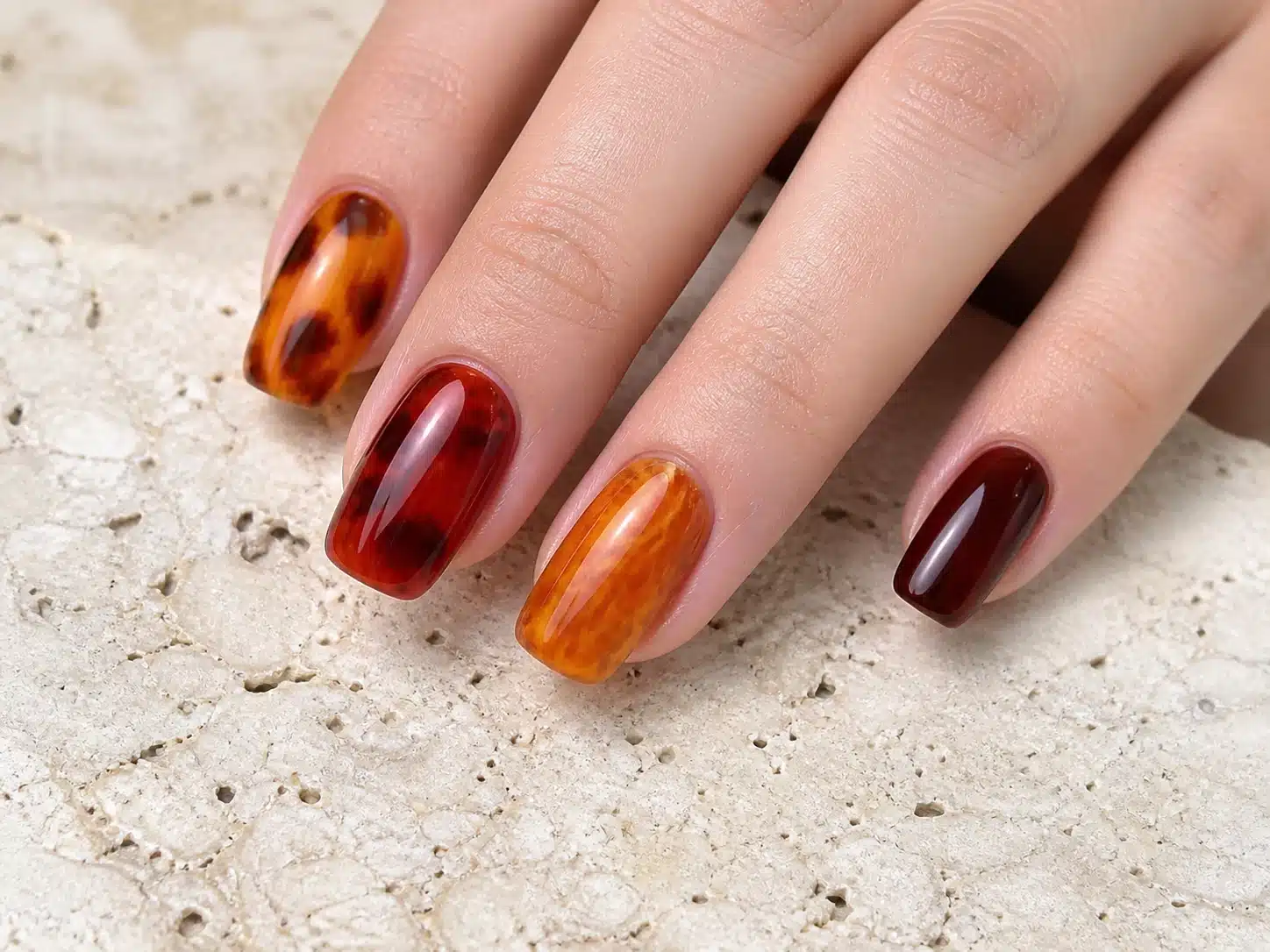 JTING N10 amber cherry red and brown tortoiseshell blooming gel nail art shown on a hand