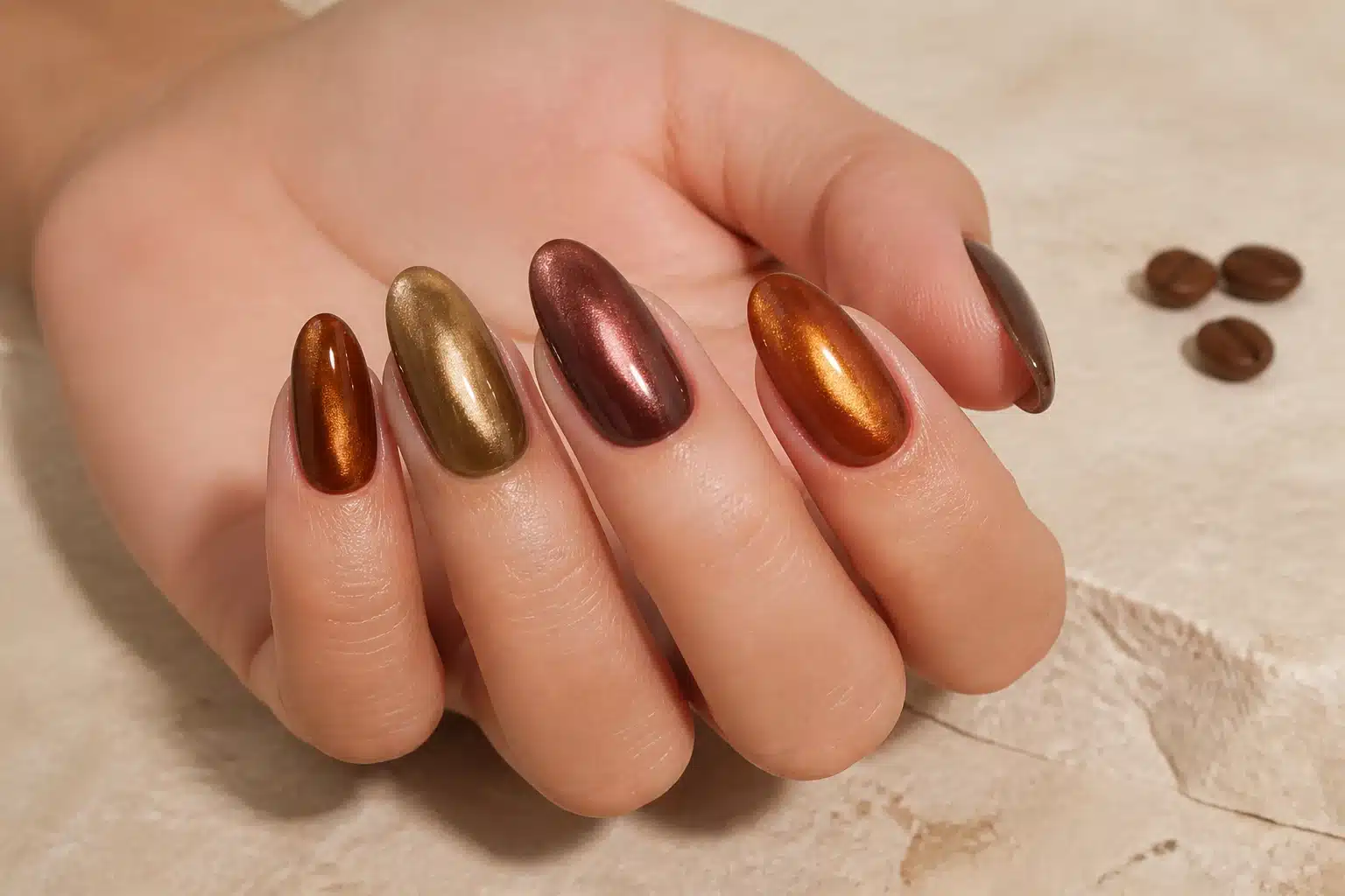 JTING W04 mocha caramel and espresso glass cat eye gel polish shown on a hand