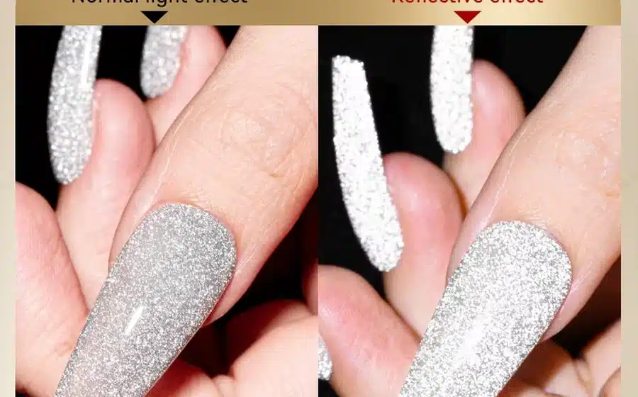 Classic silver reflective gel polish before and after direct flash