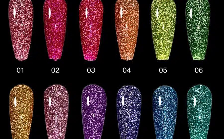 Colored reflective glitter gel polish swatches under direct flash