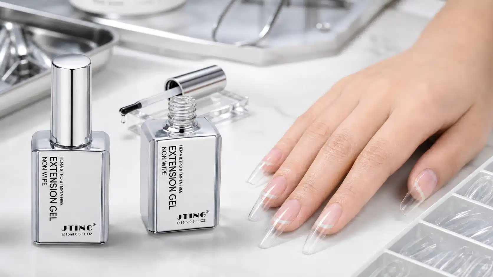 JTING FG150 Extension Gel with clear full-cover soft gel tips on a natural hand