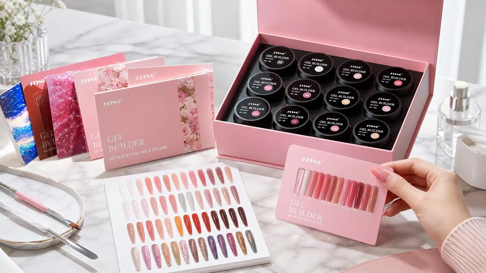 JTING Gel Builder collection with presentation box, gel jars and coordinated nail swatches