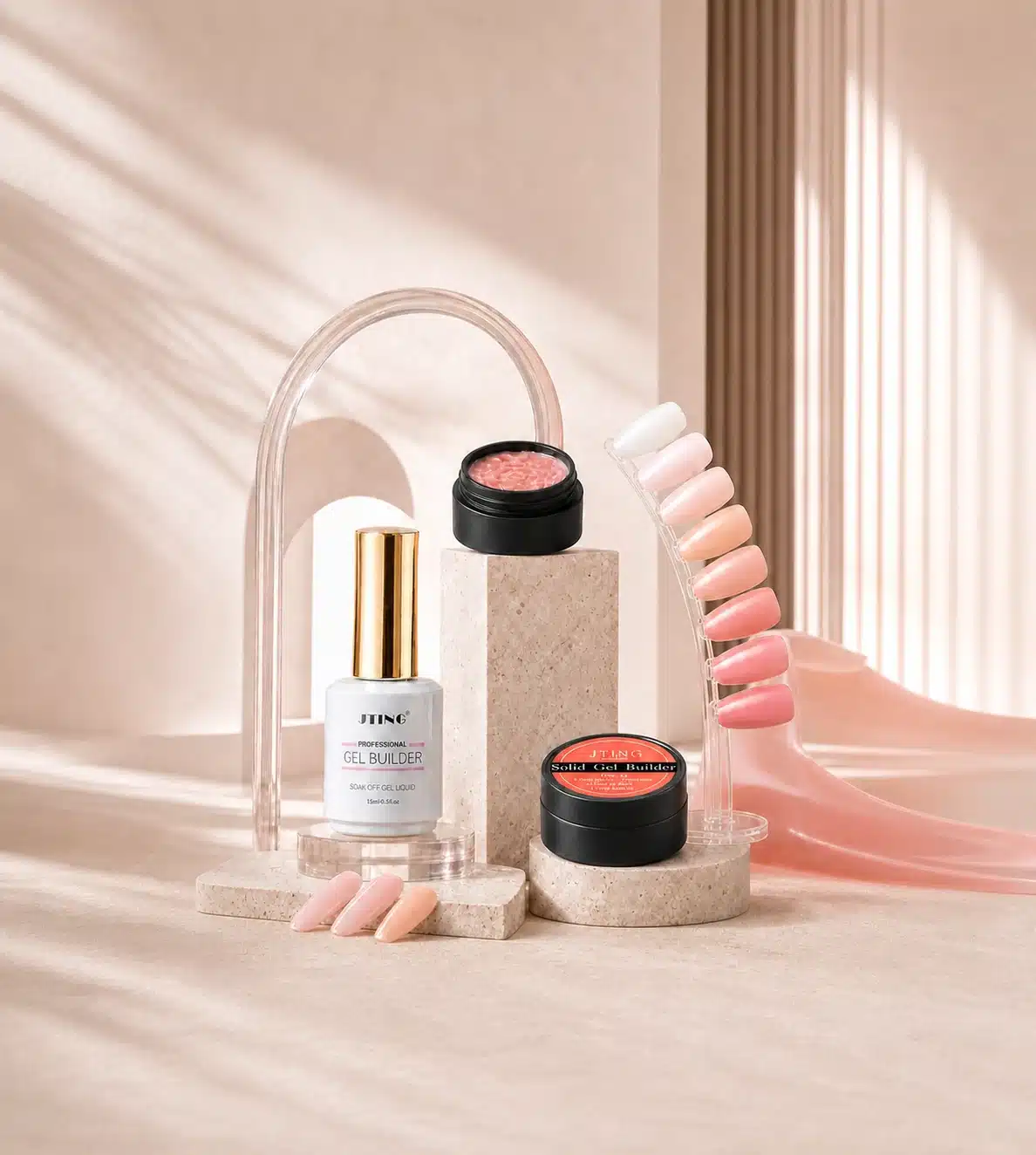 JTING gel builder bottle and solid gel jars with nude pink nail swatches
