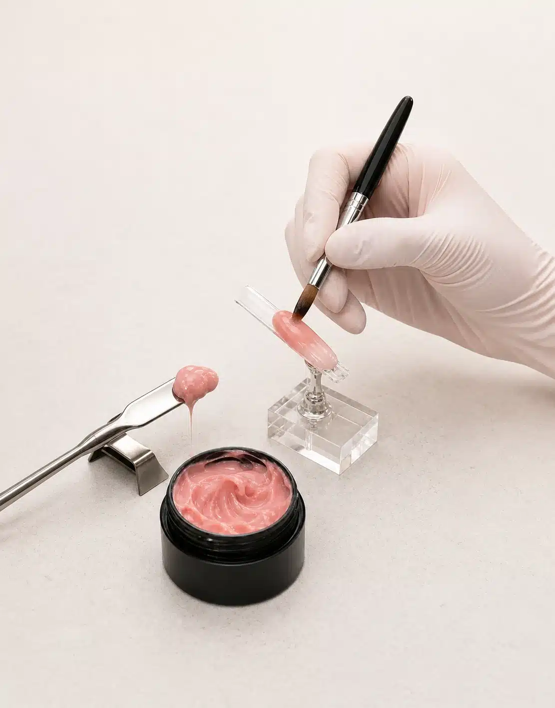 Gel builder viscosity and shape-retention testing with brush and sculpting tool