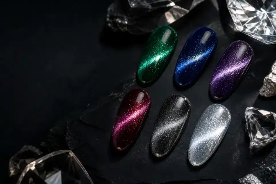 Gemstone platinum and crystal cat eye gel polish effects