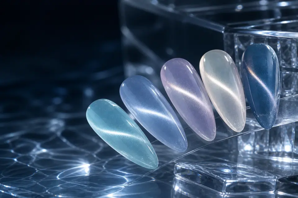 Glass aurora and water-light cat eye gel polish effects