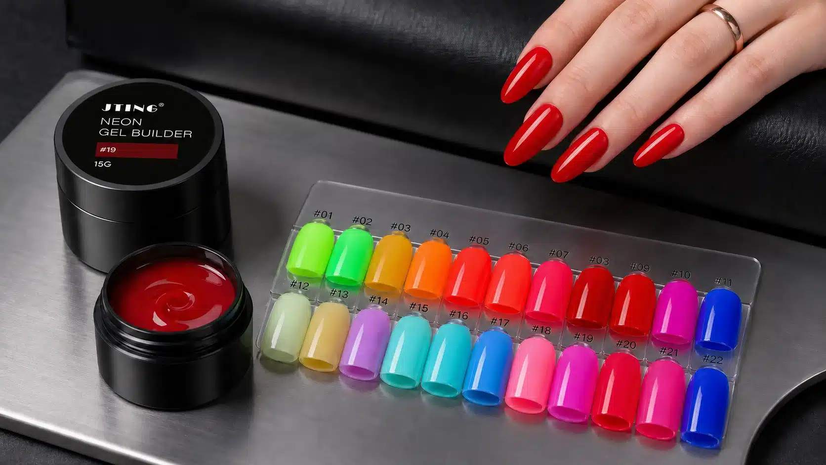 JTING file-off structural gel with neon color swatches and a finished hard gel manicure
