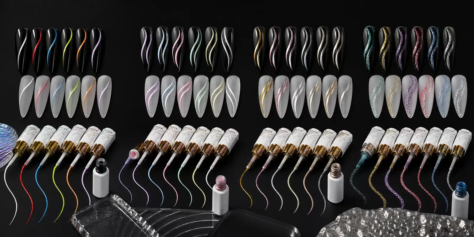 Opaque, pastel, metallic and reflective liner gel stroke directions on nail tips