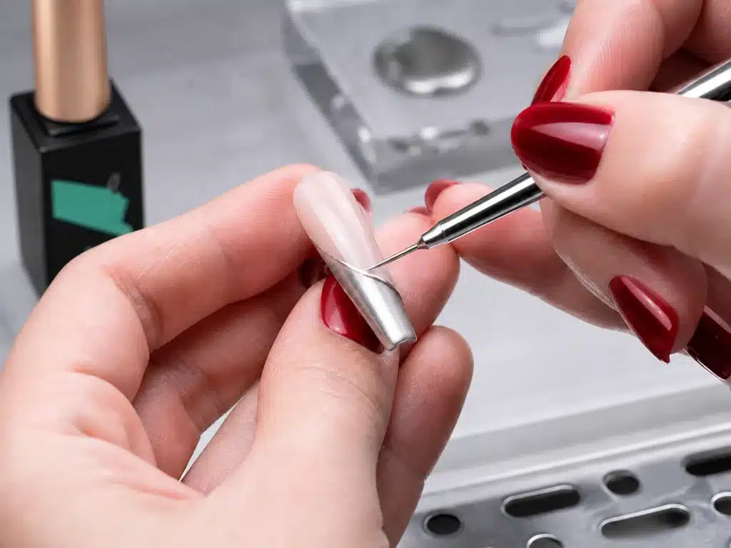 Professional liner gel brush applying a precise continuous metallic line on a nail tip