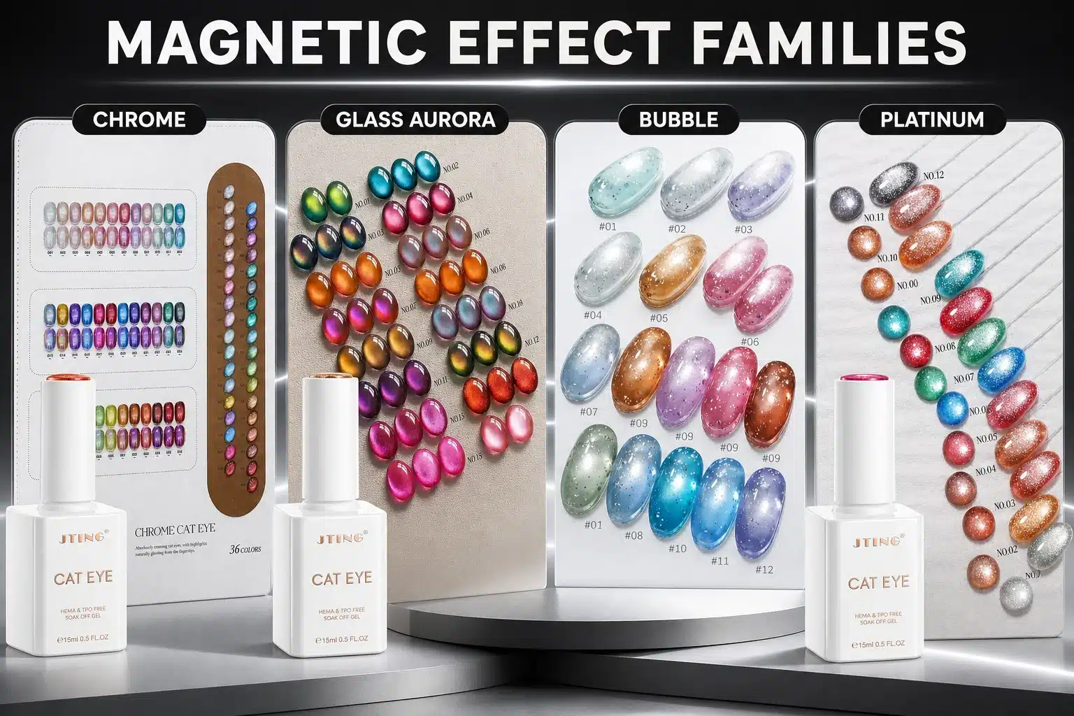 JTING chrome, glass aurora, bubble and platinum cat eye gel polish effect families