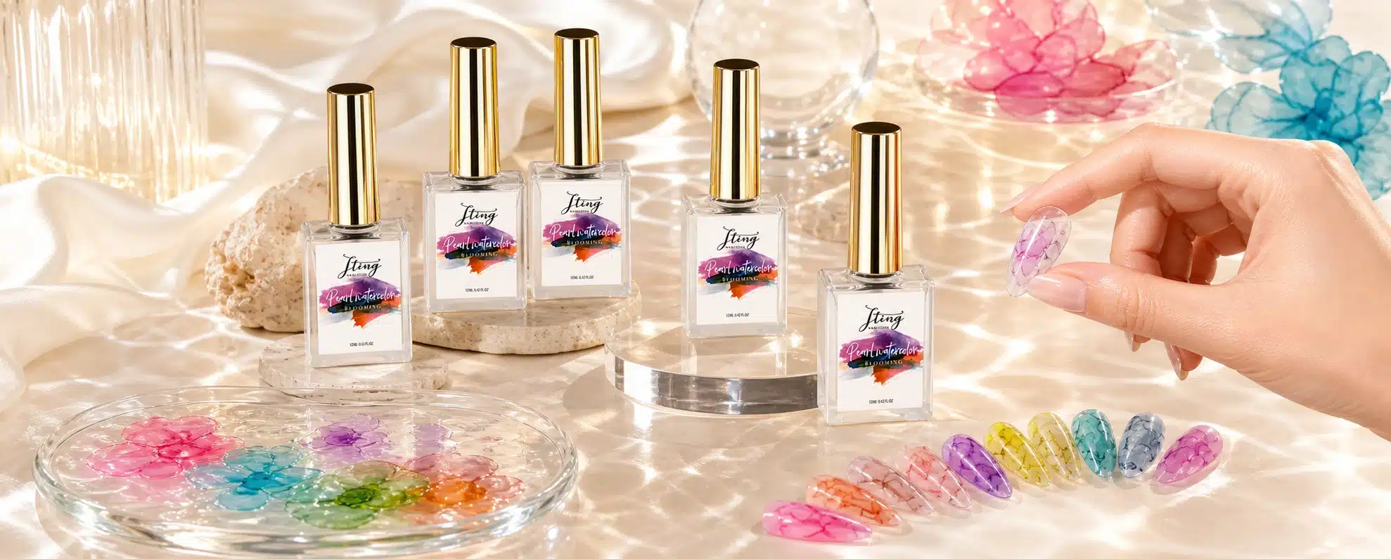 JTING Marble Ink bottles with colorful marble nail swatches and professional nail artist