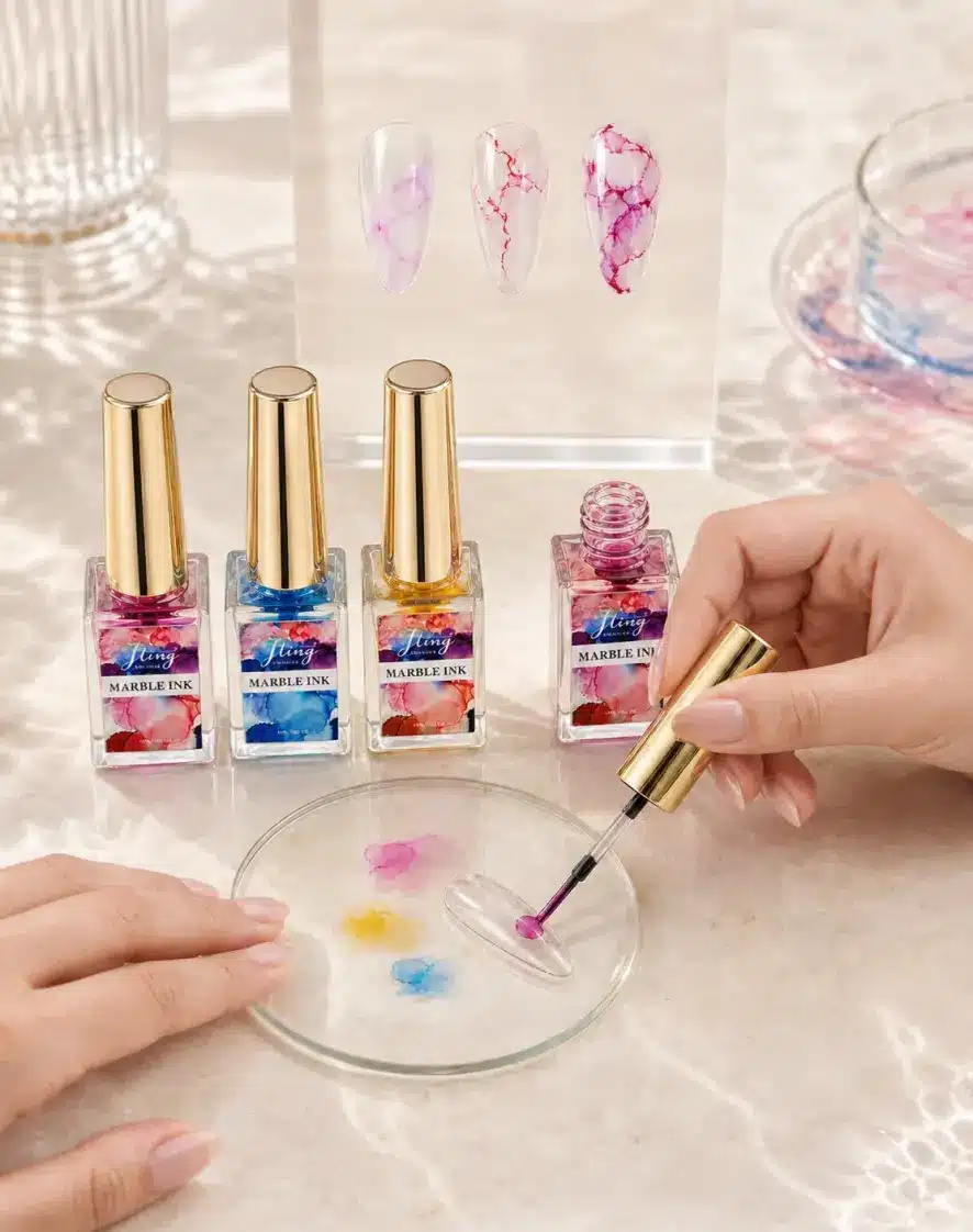 JTING Marble Ink spread and layering test with brush application and progressive marble nail samples