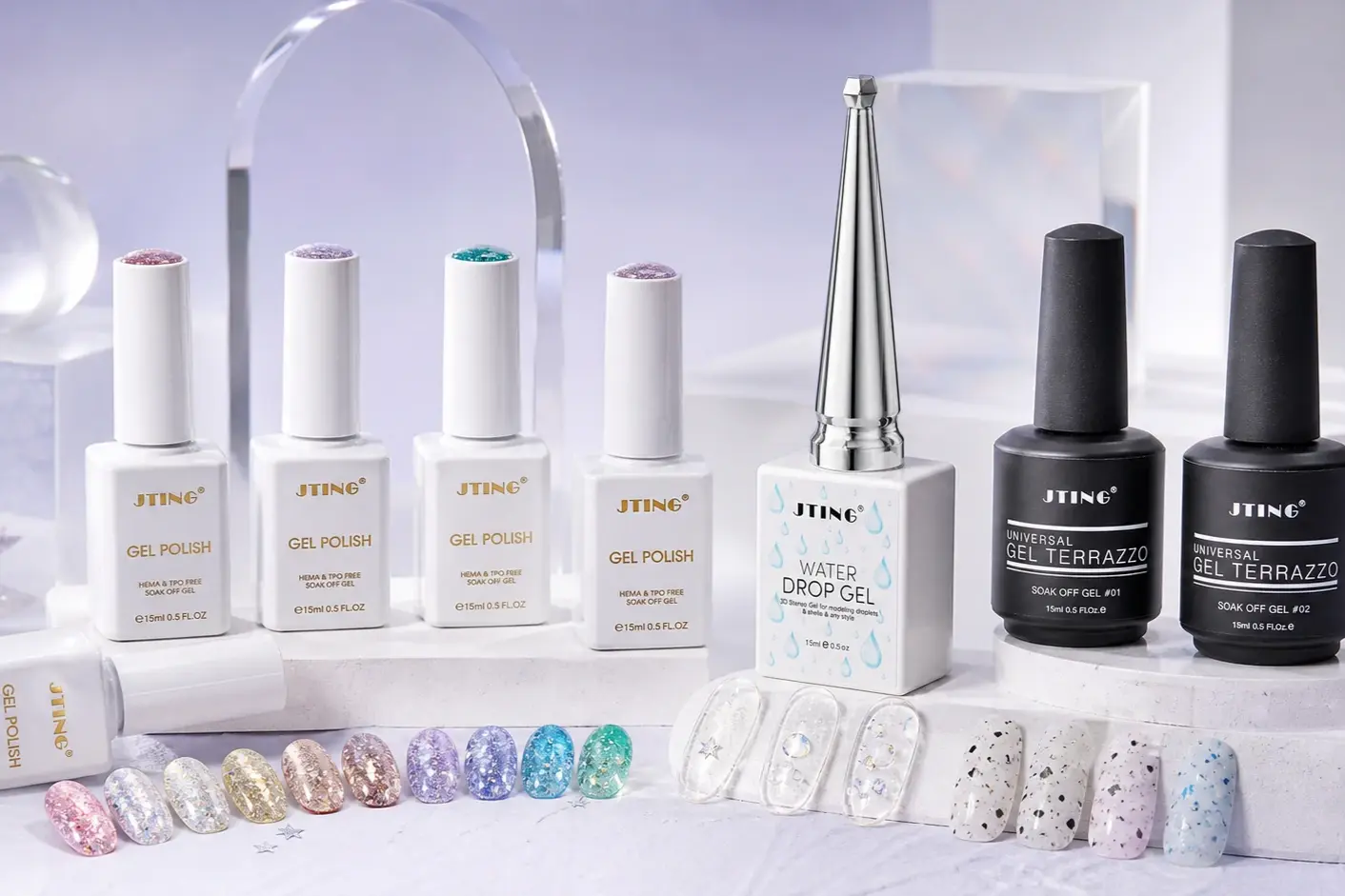 JTING nail art gel collection with glitter, water drop and terrazzo nail effects