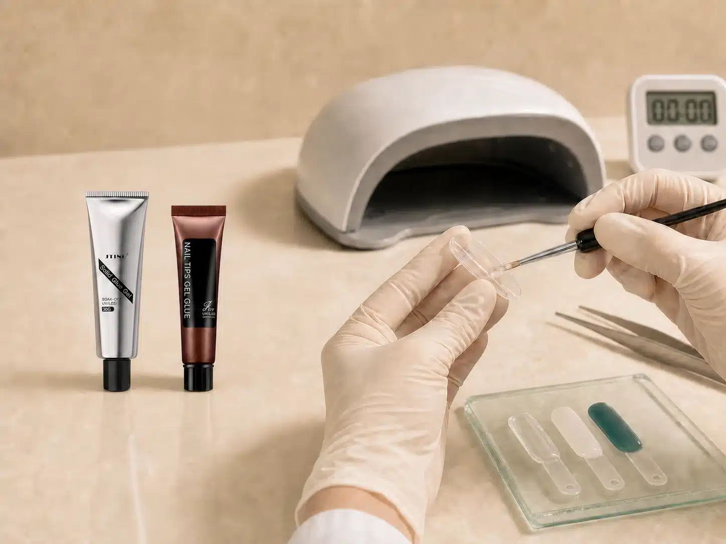 Nail glue gel sample testing with UV LED nail lamp