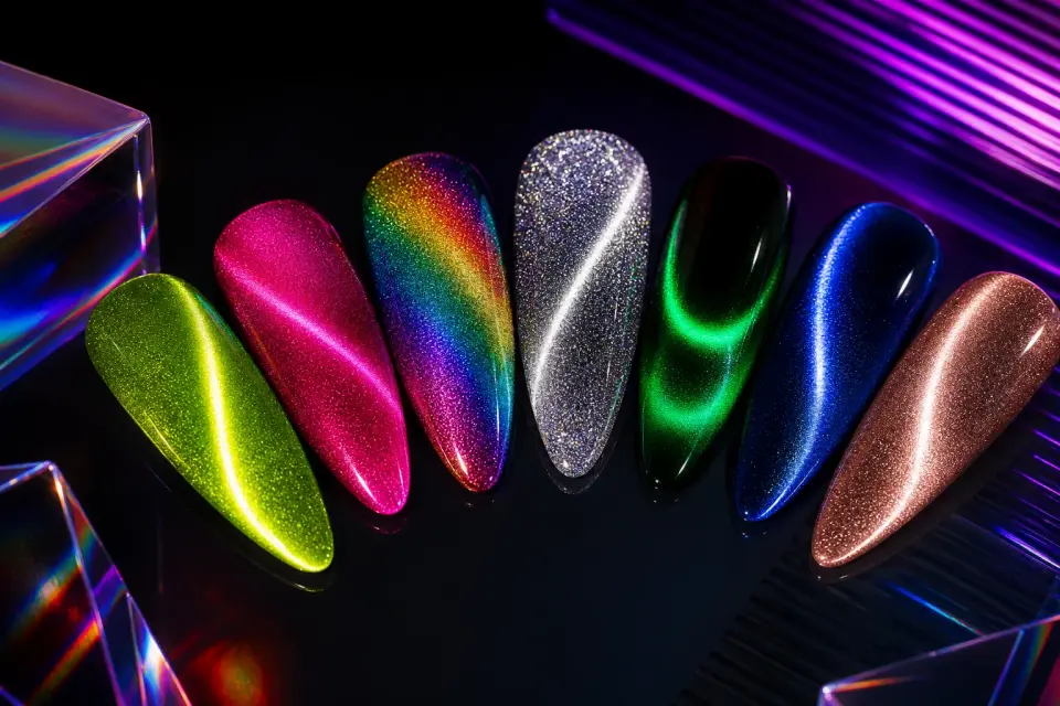 Neon rainbow reflective glow and chrome cat eye gel polish effects