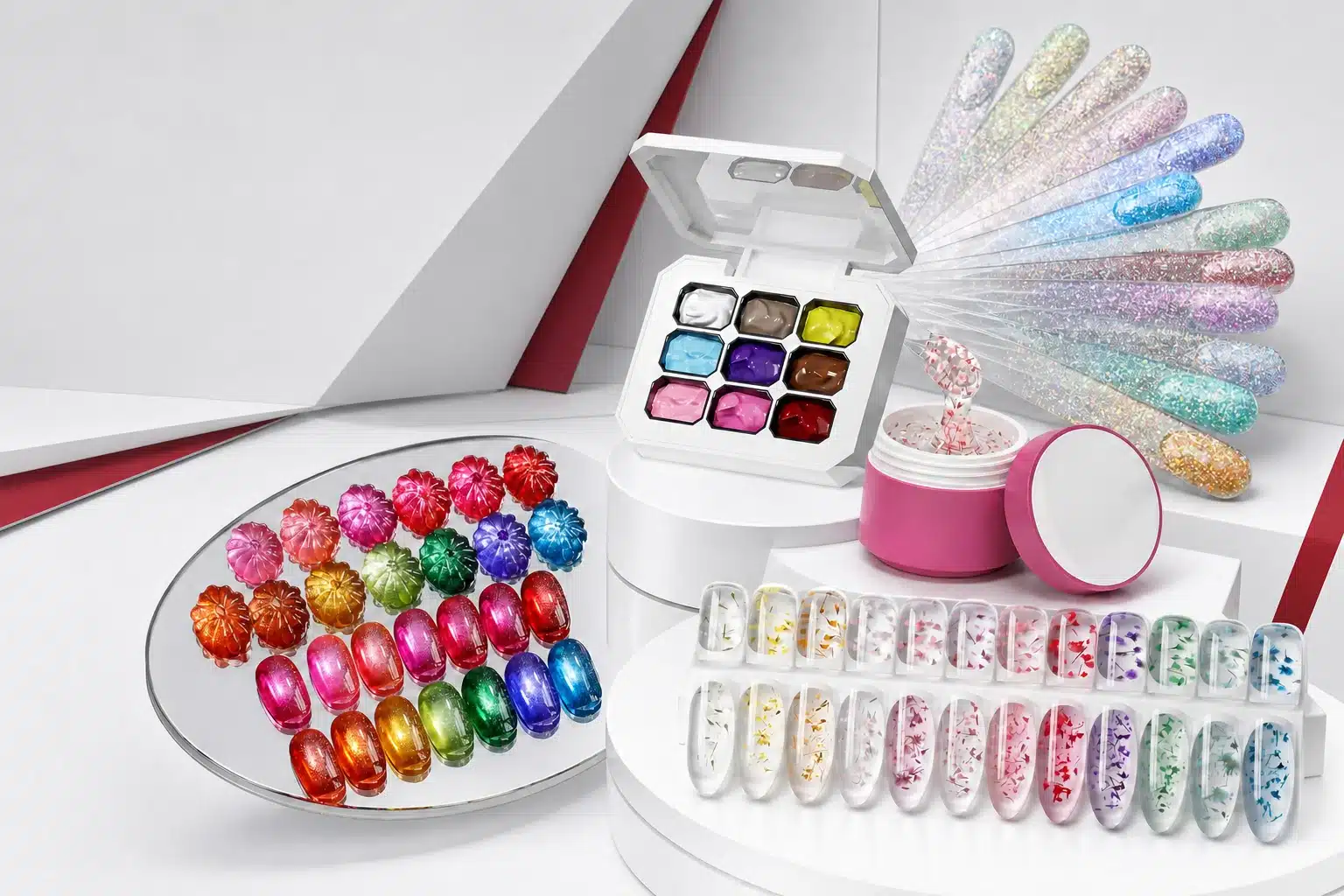 JTING new gel nail polish colors, glitter effects and flower builder gel samples for wholesale and private label buyers