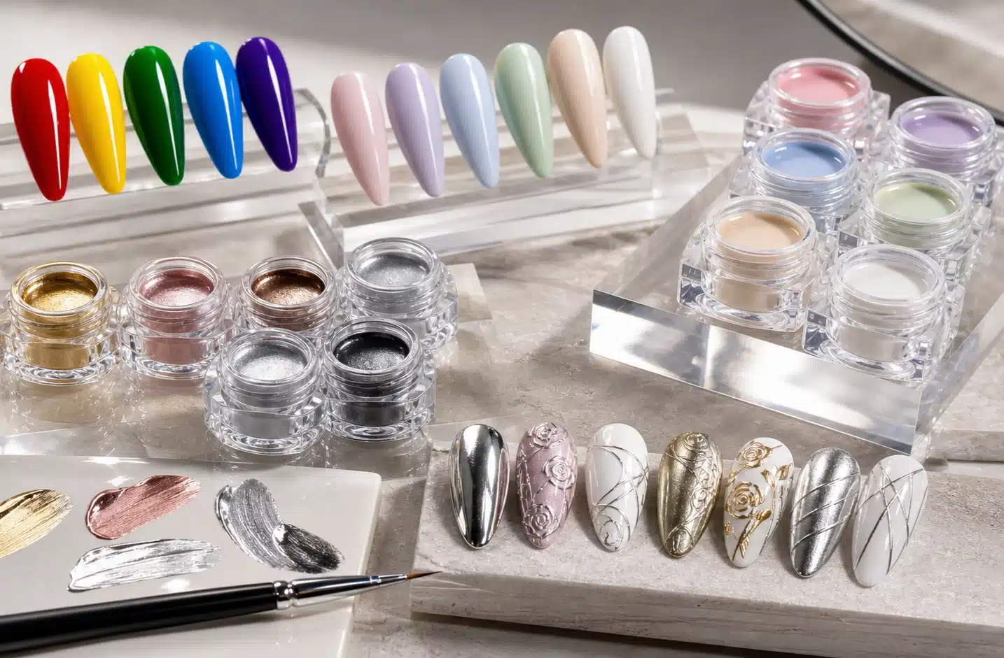 Painting gel effect directions with opaque pastel metallic and detailed nail art finishes