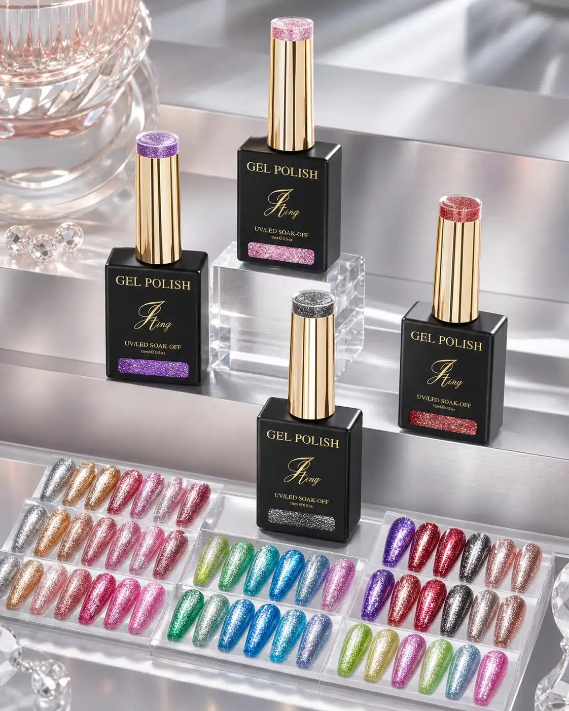JTING bottle platinum gel polish collection with coordinated metallic color swatches