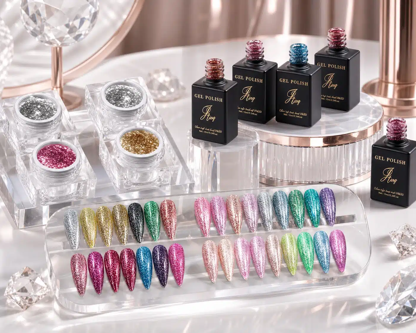 JTING platinum gel polish collection with metallic nail swatches, bottles and jars in a premium jewelry display