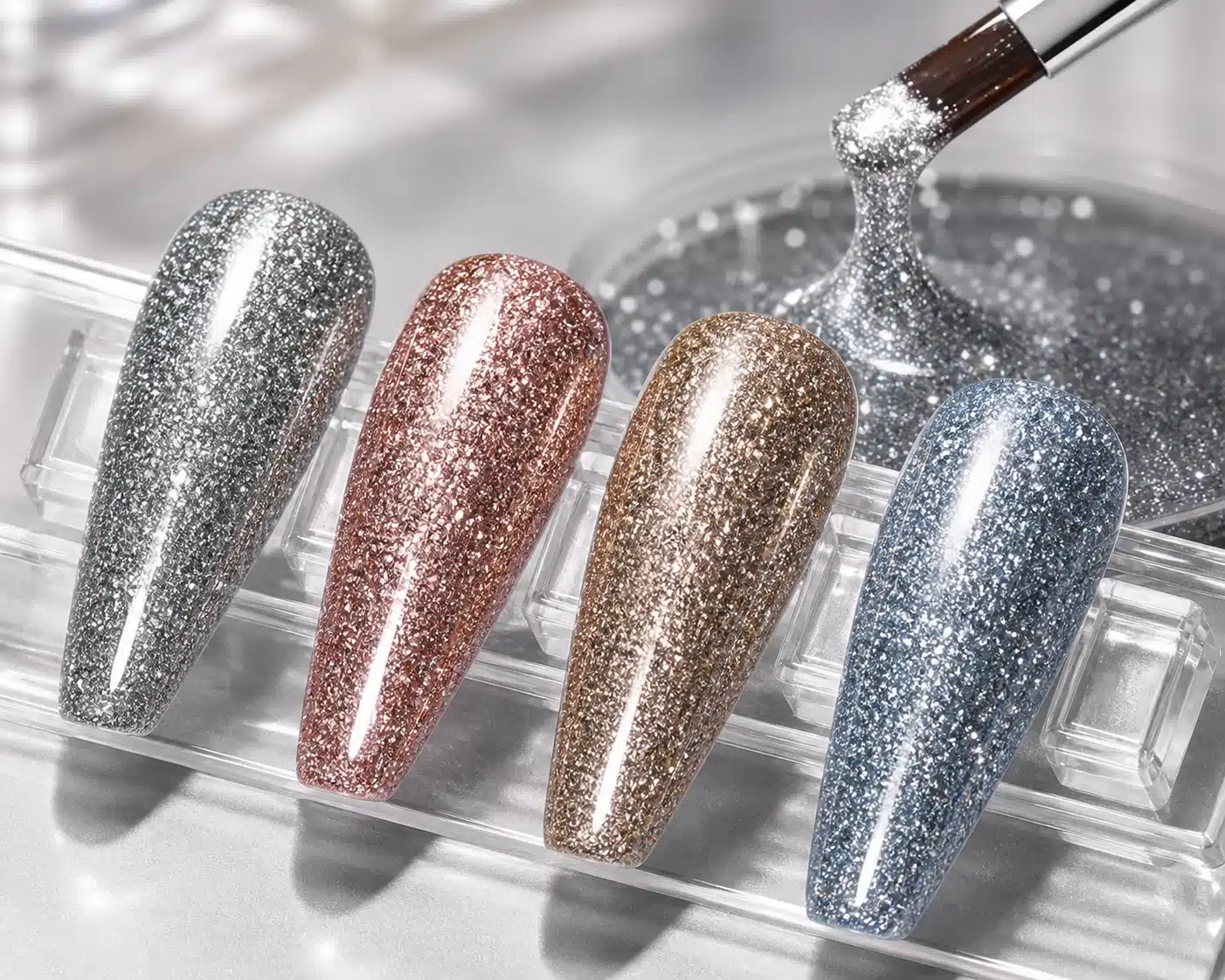 Platinum gel nail swatches showing metallic particle distribution, color depth and a smooth cured surface