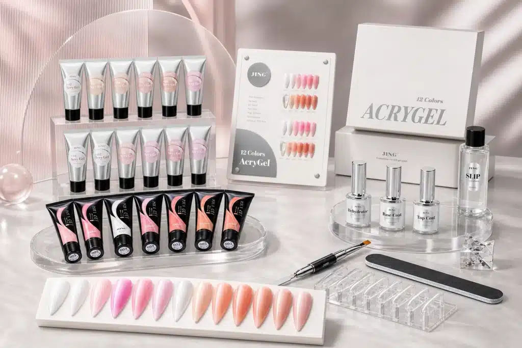 JTING complete poly gel nail kit with color tubes, nail swatches, dual forms and application tools for wholesale and private label collections