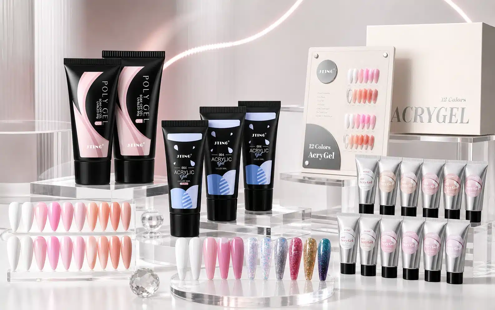 JTING wholesale poly gel collection with tubes, color swatches, extension accessories and private label packaging options