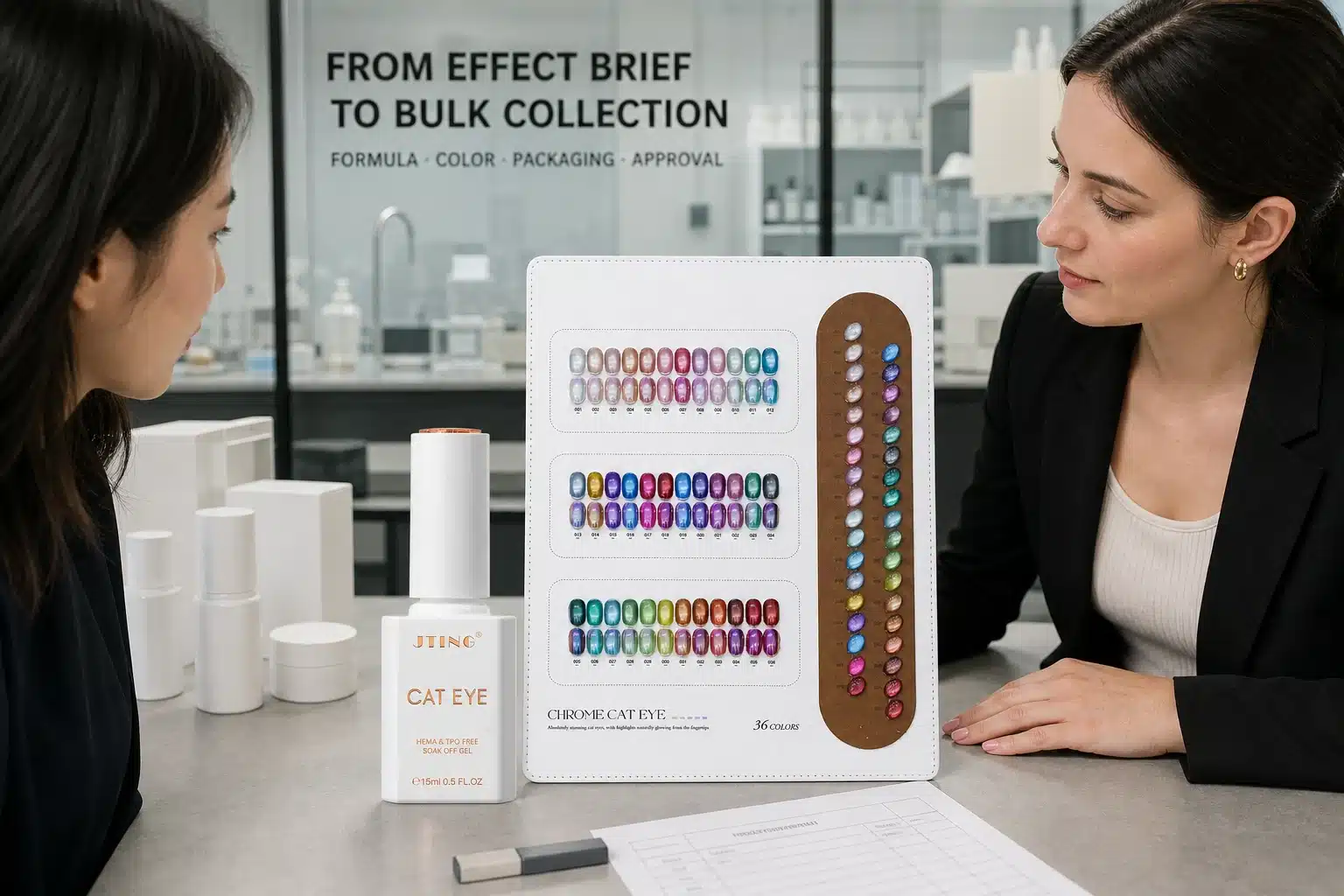 JTING private label cat eye gel polish development meeting with 36-color chrome swatch board