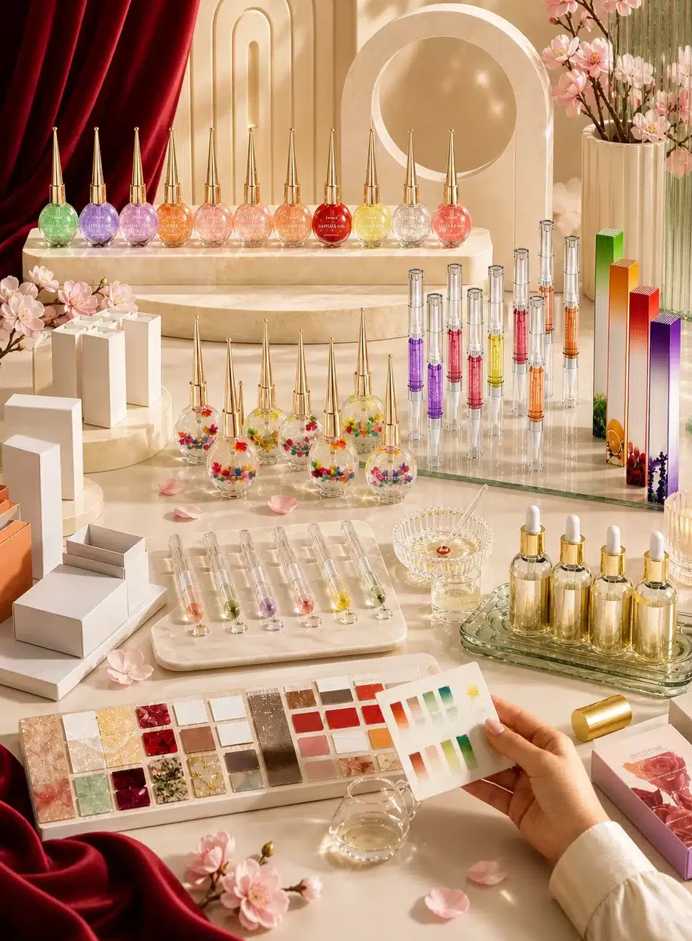 JTING private label cuticle oil collection development with flower oils, shimmer oils, cuticle oil pens and custom packaging options