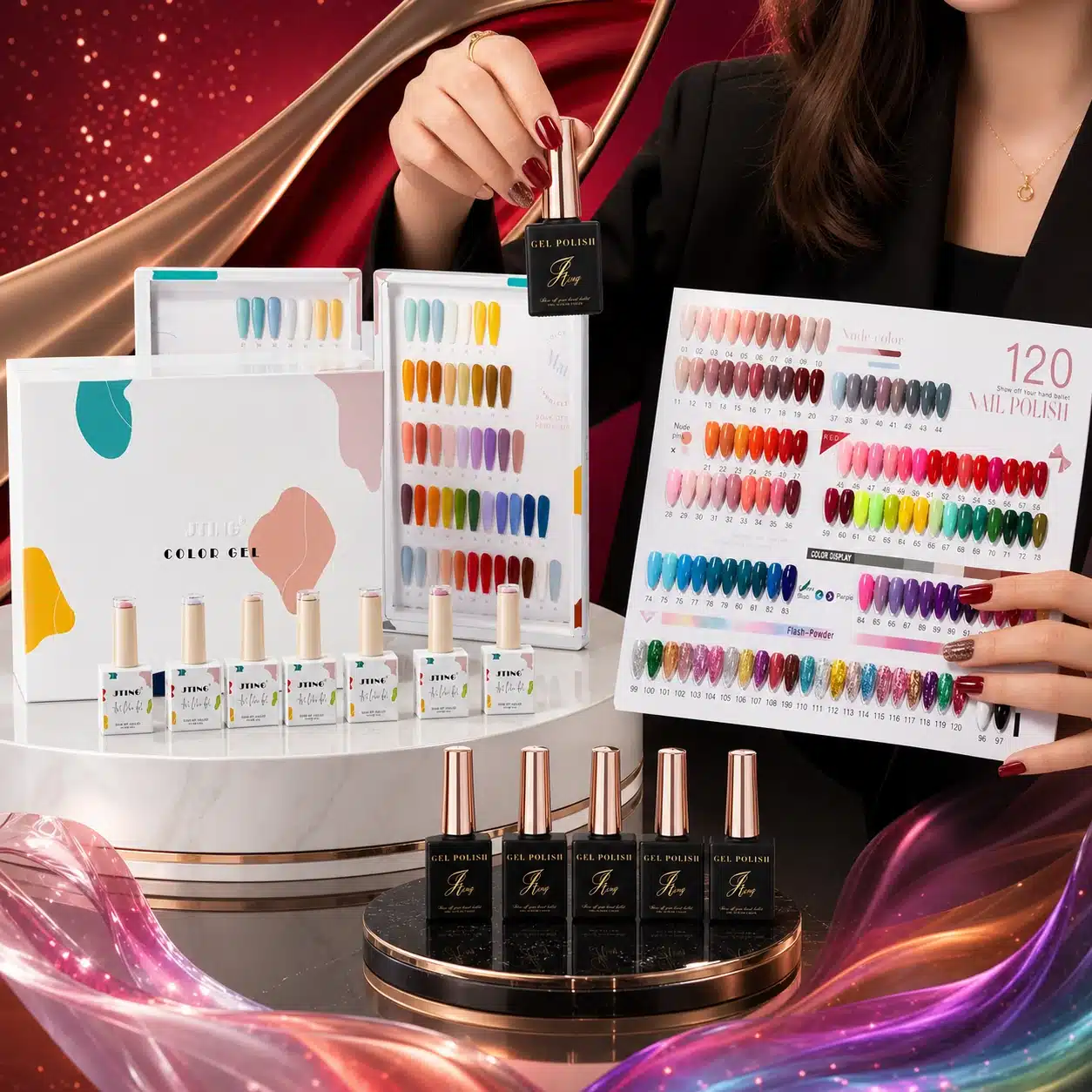 JTING private label gel nail polish collection with custom bottles, packaging and shade chart