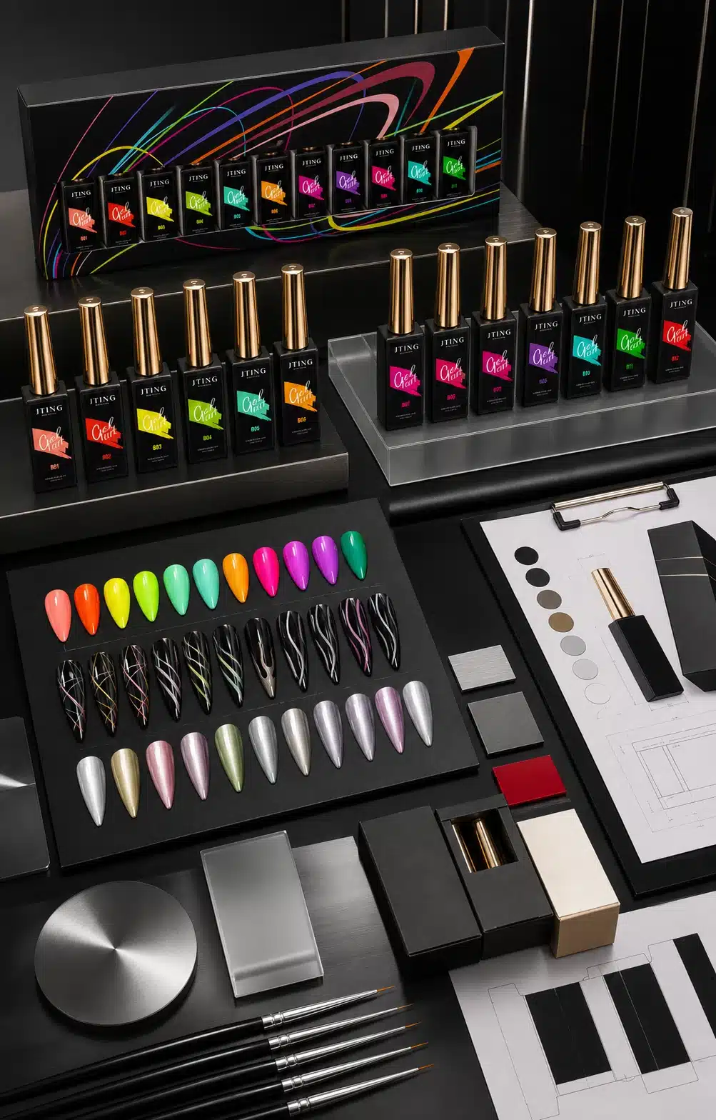 JTING private label liner gel collection development with bottles, color swatches, brushes and packaging planning