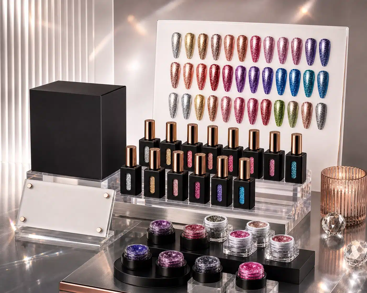 Private label platinum gel collection with bottles, jars, metallic color chart and customizable packaging presentation