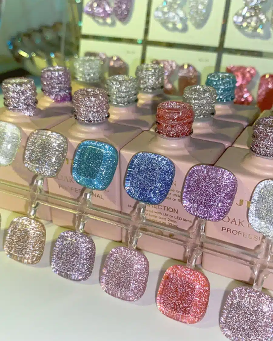 JTING private label reflective gel polish collection with bottles and color swatches