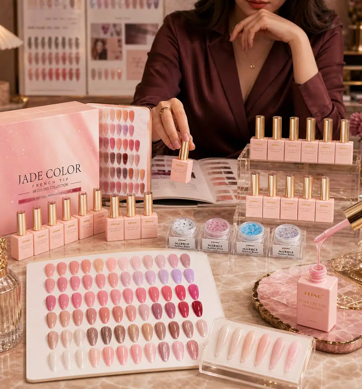 JTING private label rubber base gel collection with custom colors, packaging and shade charts