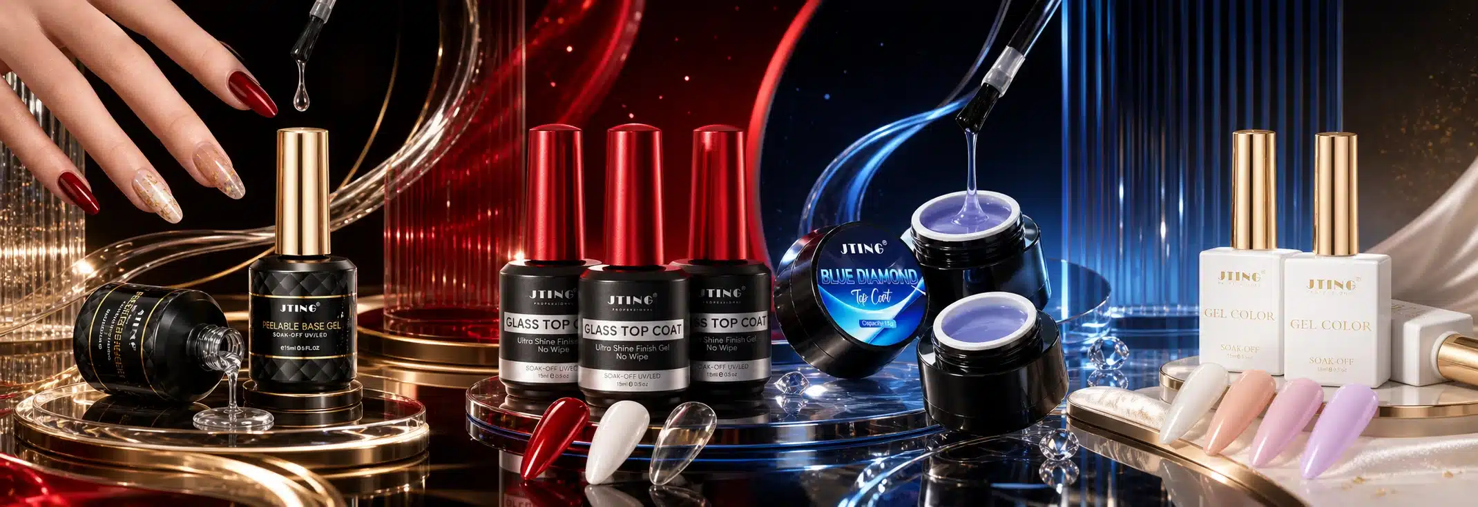 JTING professional gel base coat and top coat systems with glass and effect finishes