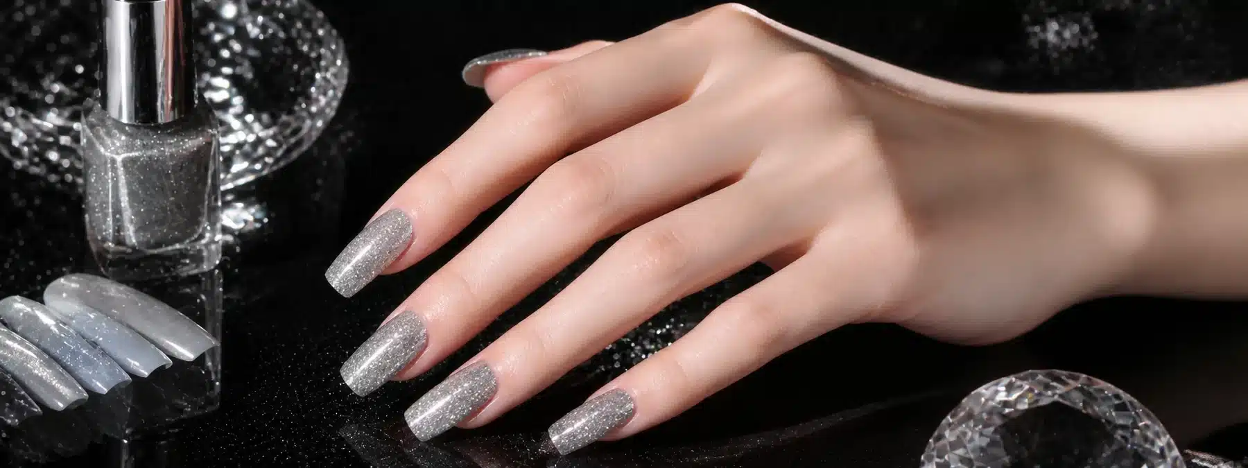 Silver reflective gel polish manicure with bottle and nail swatches for wholesale collections