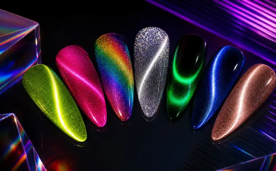 Reflective magnetic cat eye gel polish with directional light patterns