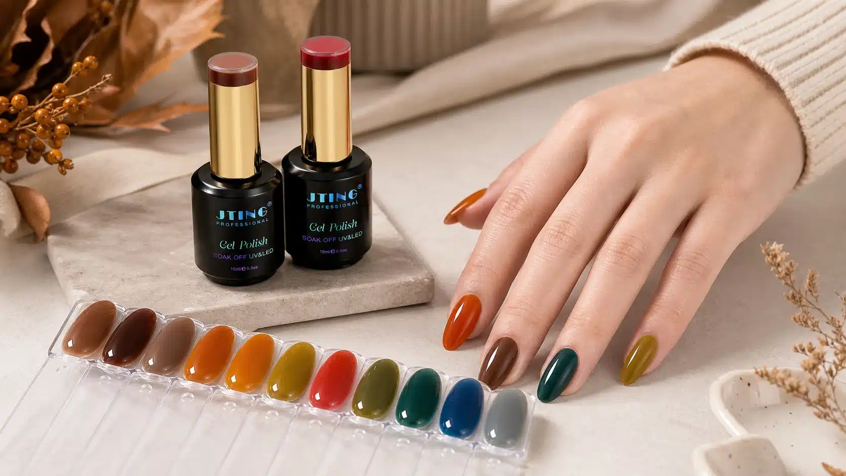 JTING Rubber Base Gel bottles with twelve fall and winter shades on short natural nails